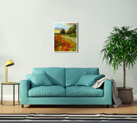 POPPY FIELDS (Modern Impressionistic Landscape Oil Painting, Gift for nature lovers)