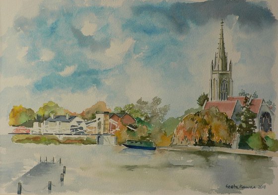 Marlow on Thames, souvenir, ready to hang, framed watercolor