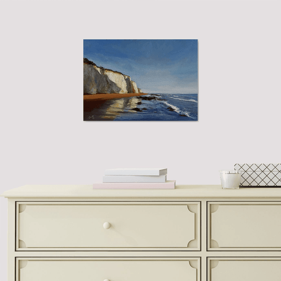 Original seascape beach with cliffs and sea Broadstairs oil painting on canvas.