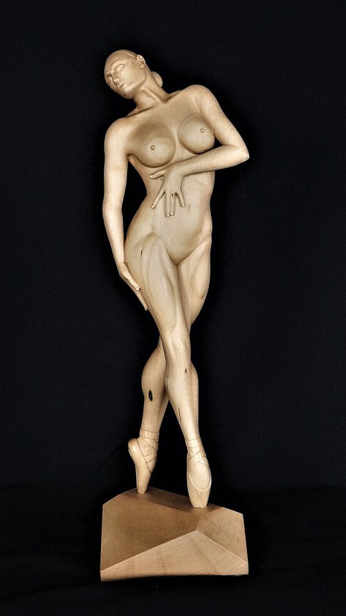 Nude Woman wood sculpture ON POINTES by Jakob Wainshtein