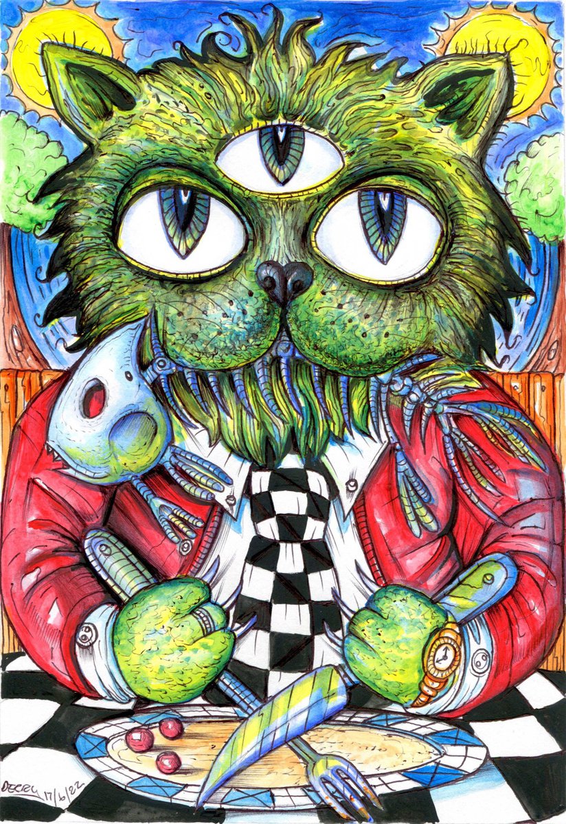 Surrealistic Animal Drawing By Spencer John Derry, 8 X 12", Third Eye Fat Cat, Original Artwork