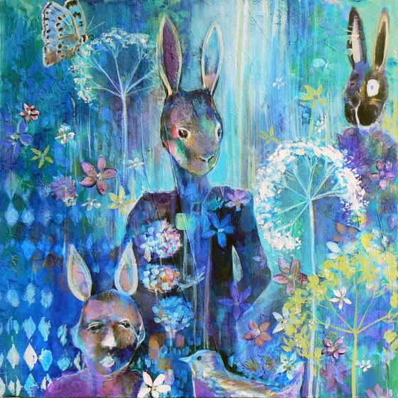 Going to the tea party  ( contemporary narrative painting, hare, butterfly and Alice in wonderland / Through the looking glass)