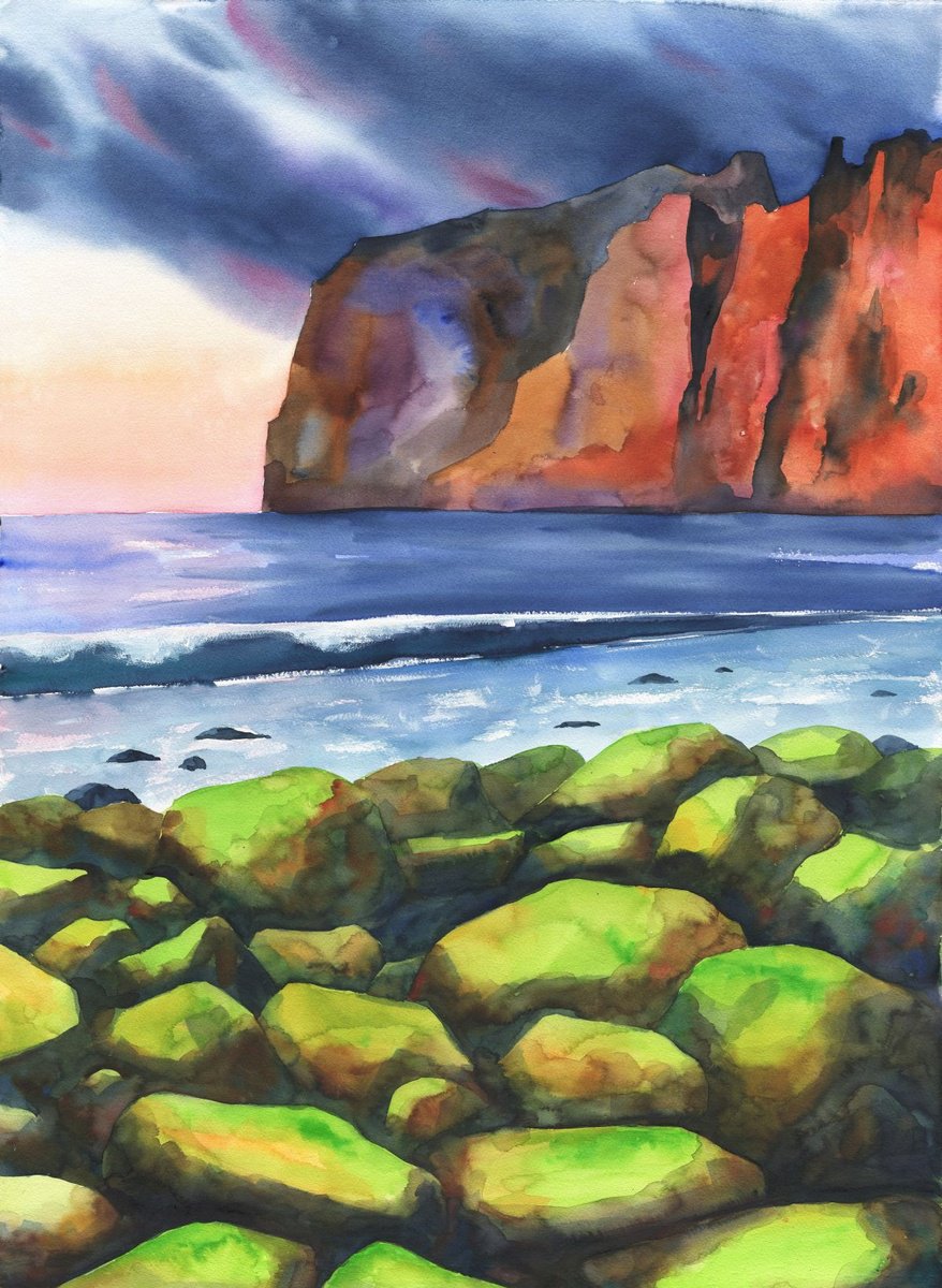 Impressionistic Landscape Watercolour By Oleksii Iakurin, 22 X 30", Acantilados De Los Gigantes, Original Artwork