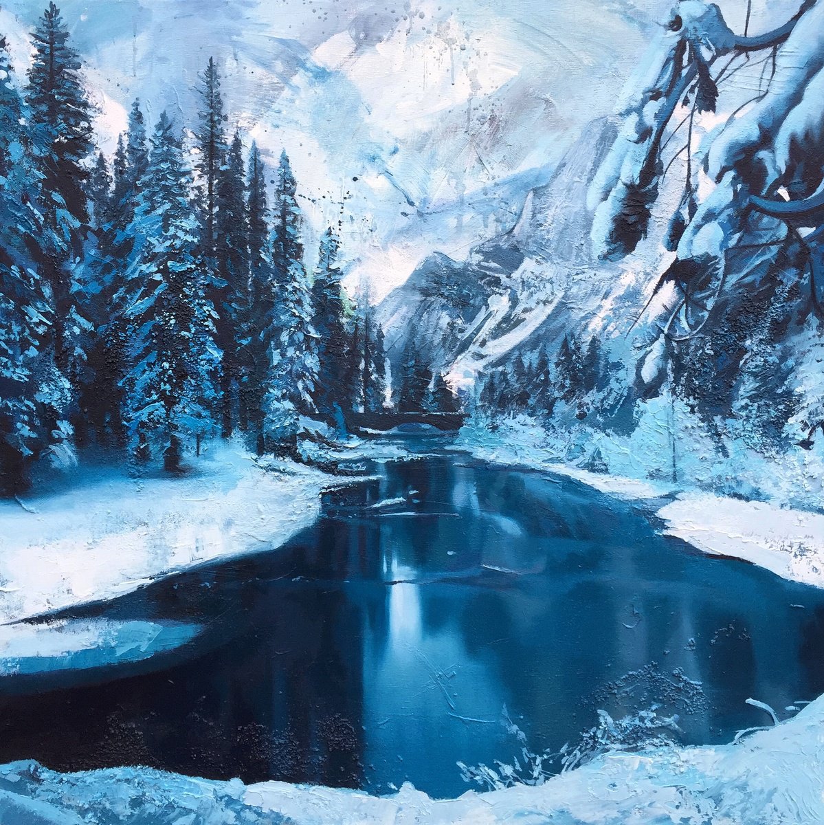 Expressive Landscape Oil Painting By Andrew Newton, 31 X 31, Ice River, Original Artwork