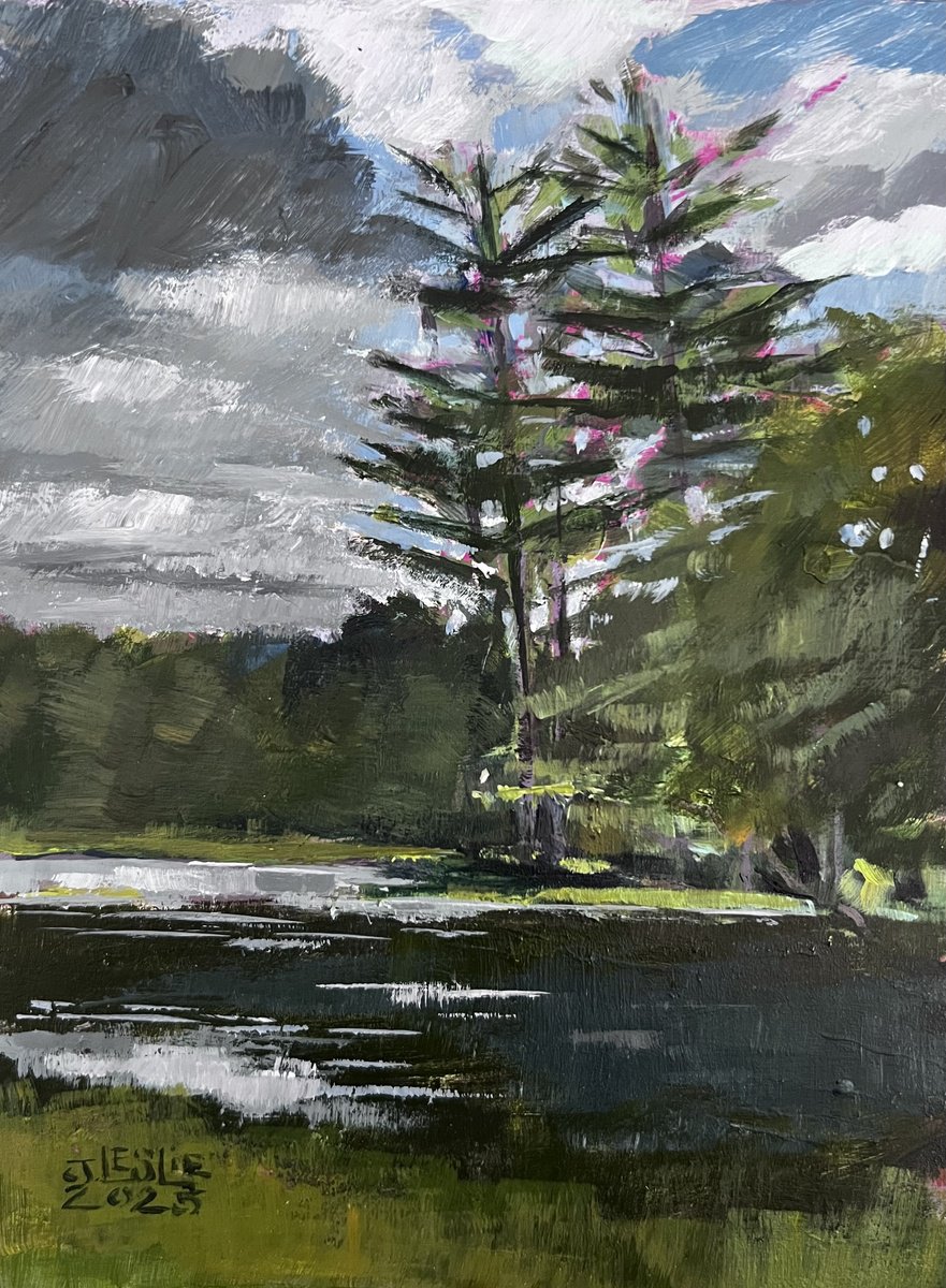 Impressionistic Landscape Acrylic Painting By Jimmy Leslie, 6 X 8, Rain Clouds Over Hawley, Original Artwork