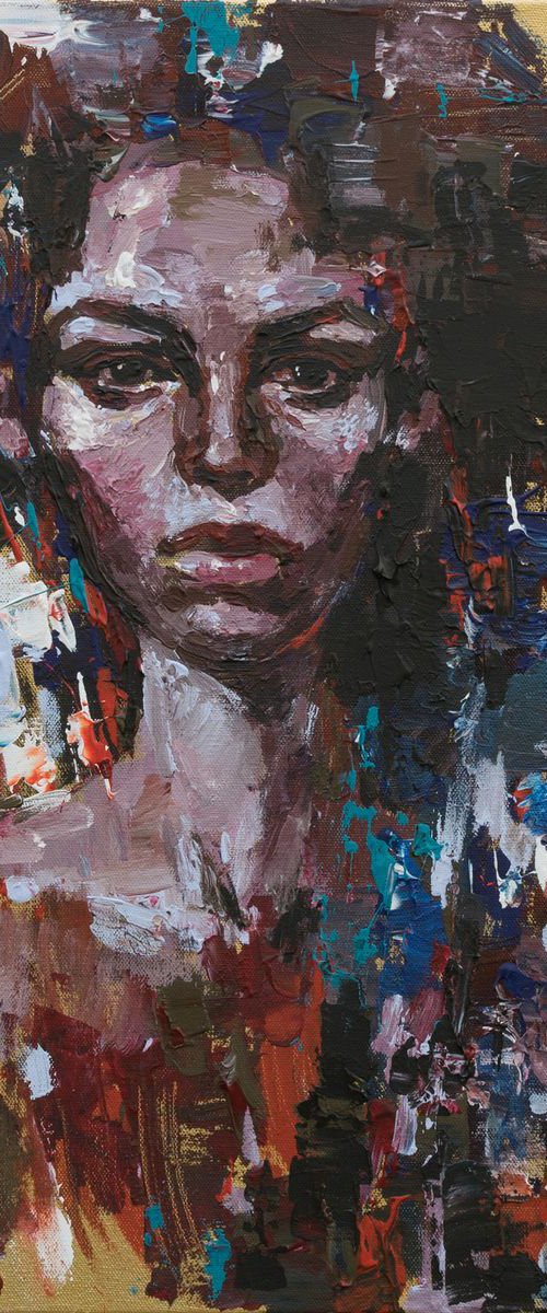 Abstract woman portrait on Gold Original acrylic painting by Anastasiia Valiulina