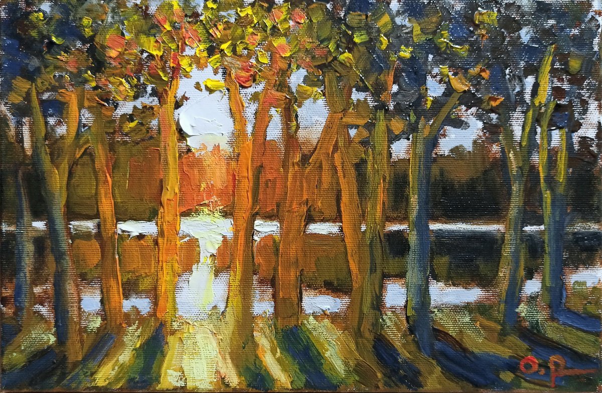 Impressionistic Landscape Oil Painting By Oleh Rak, 12 X 8", Autumn Rays, Original Artwork