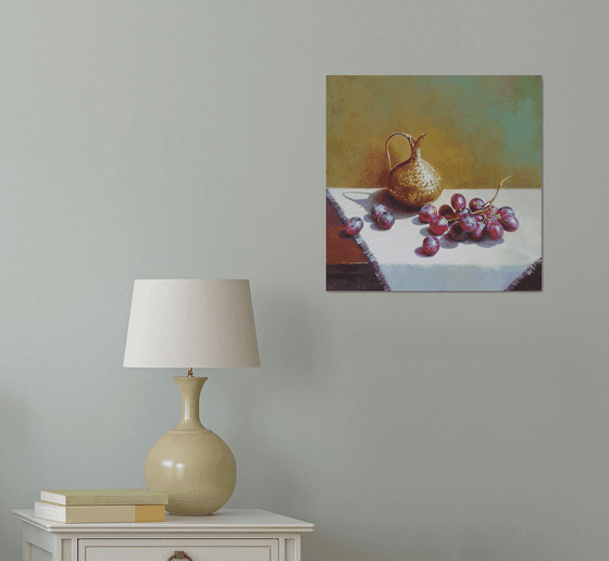 "Still life with grapes and an old brass jug." still life grapes old brass jug summer  liGHt original painting  GIFT (2020)