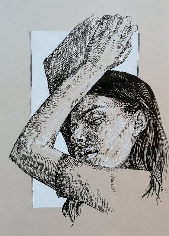 Woman portrait. Female portrait. Ink portrait