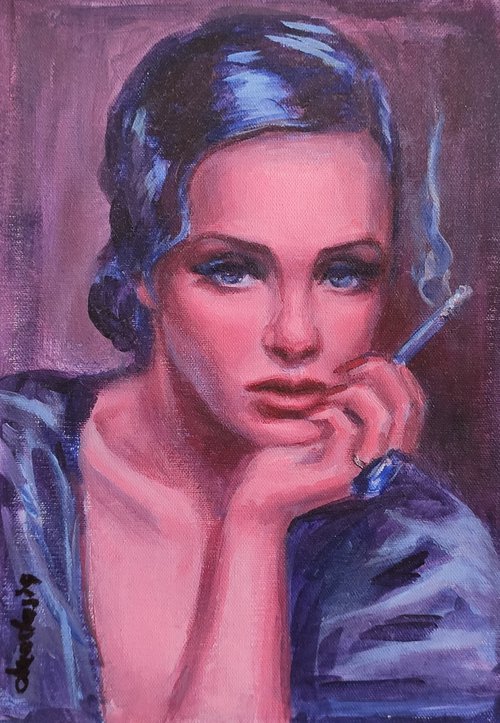 Original acrylic painting Blue Series Woman Portrait I by Anastasia Art Line