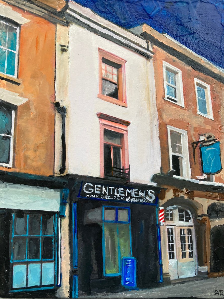 Photorealistic Cityscapes Acrylic Painting By Andrew Reid Wildman, 10 X 12, Barber Shop In London, Original Artwork
