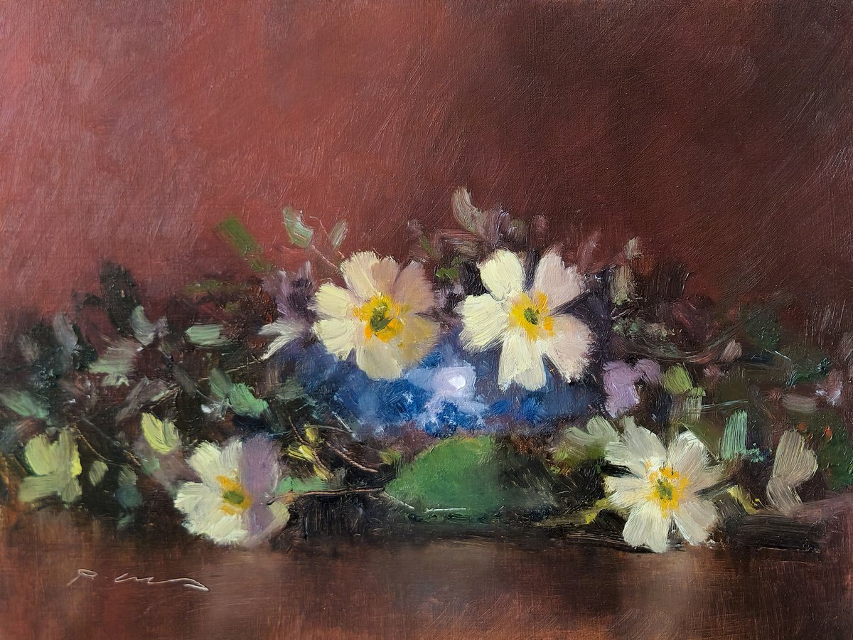 Impressionistic Botanical Oil Painting By Pascal Giroud, 8 X 6", Bouquet Of Primrose, Original Artwork