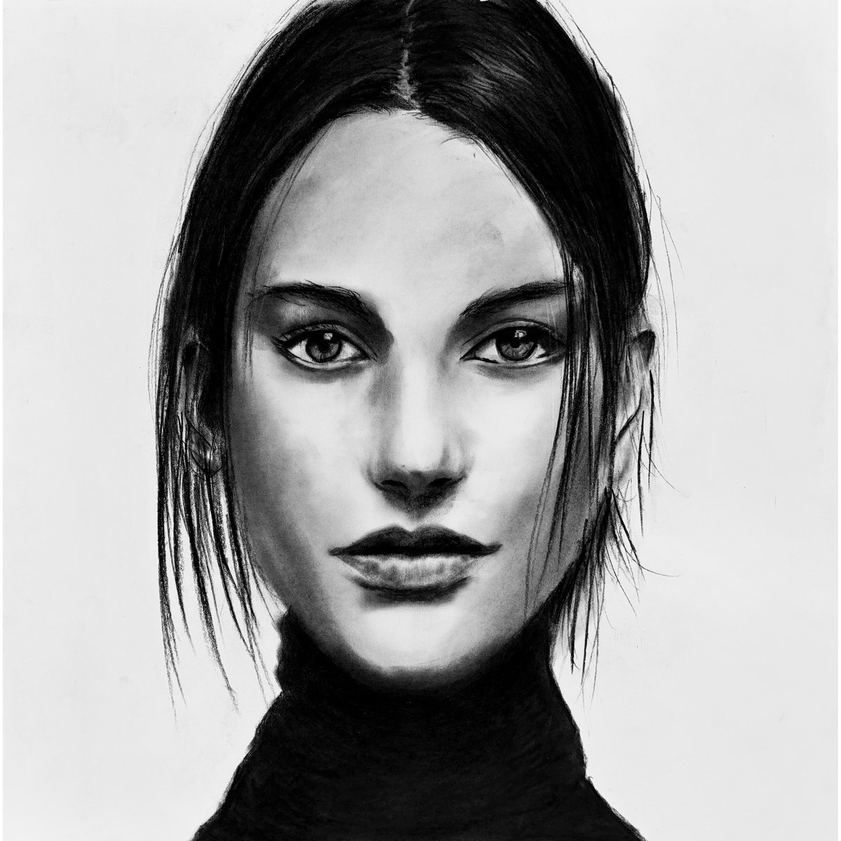 Photorealistic Portrait Charcoal Drawing By Denny Stoekenbroek, 14 X 14, Poise, Original Artwork