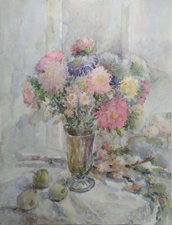 Asters in vase. Original watercolour painting.