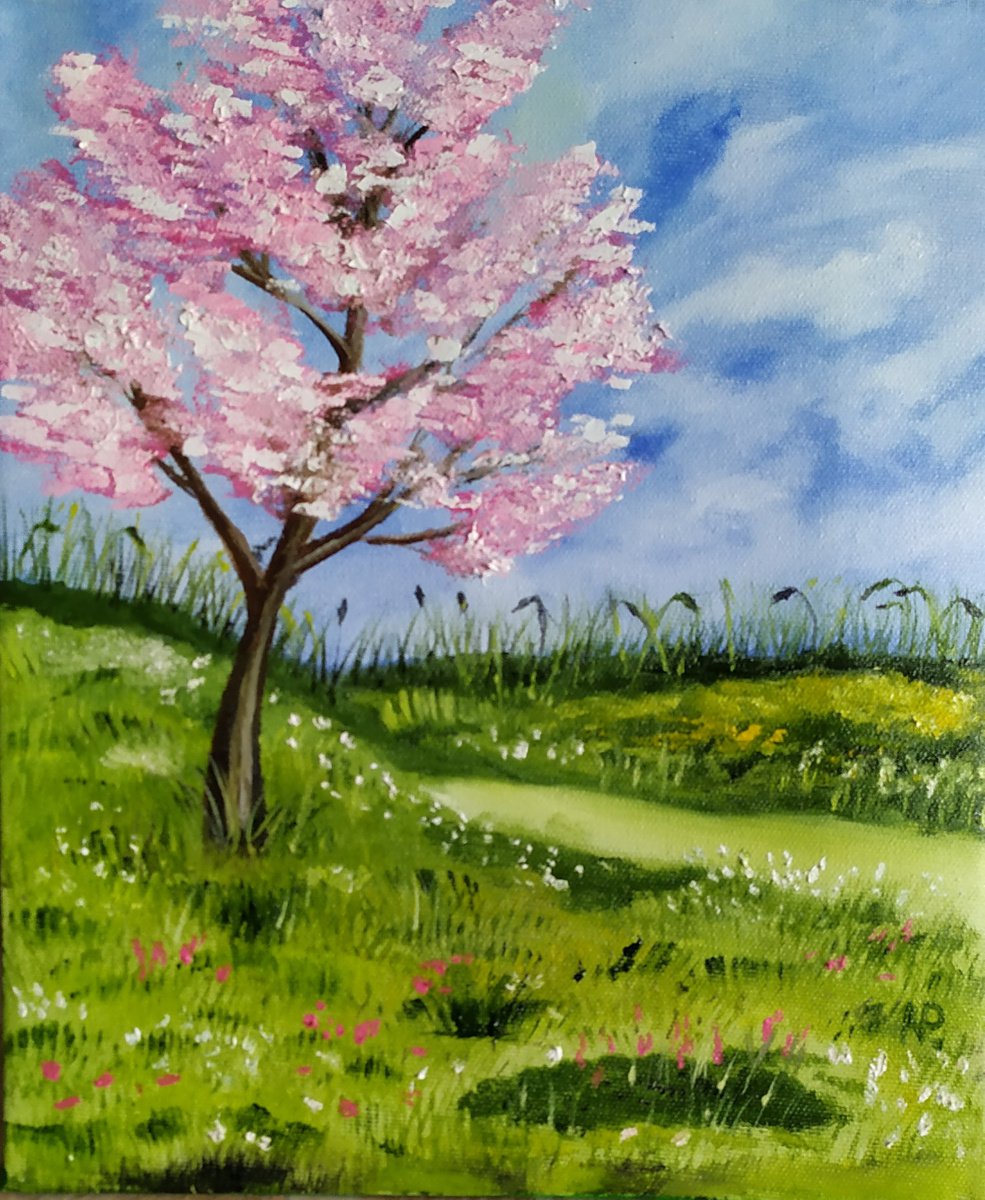Apple blossom, original tree landscape oil painting, gift idea by Nataliia Plakhotnyk
