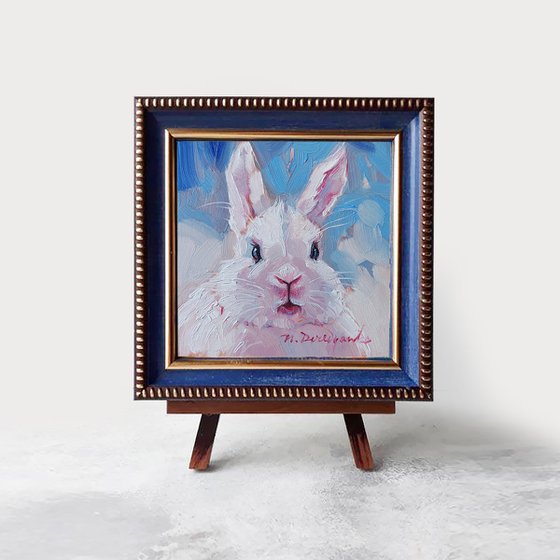 Funny rabbit oil painting original art 10x10 cm, White Bunny illustration nursery wall art