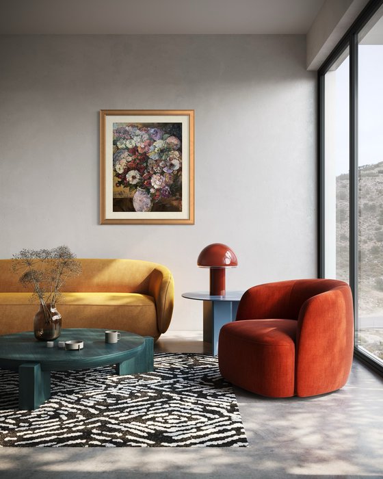 A lush bouquet in a pink vase