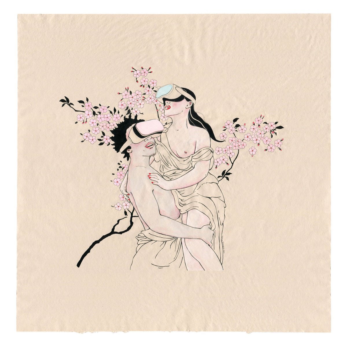 Illustrative Portrait Drawing By Delphine Lebourgeois, 20 X 20, Virtual Duality, Original Artwork