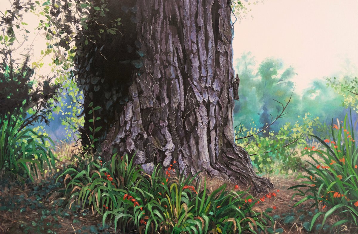 Photorealistic Landscape Oil Painting By Kerry Lisa Davies, 35 X 24", At The Edge Of The Forest, Original Artwork