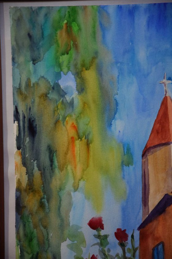 Watercolor painting Church in Slovak Town Trnava