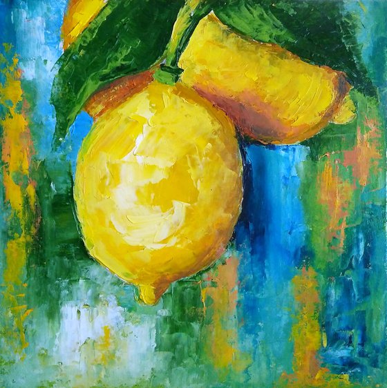 Lemon Painting Original Art Fruit Artwork Citrus Wall Art Small Square Kitchen Decor