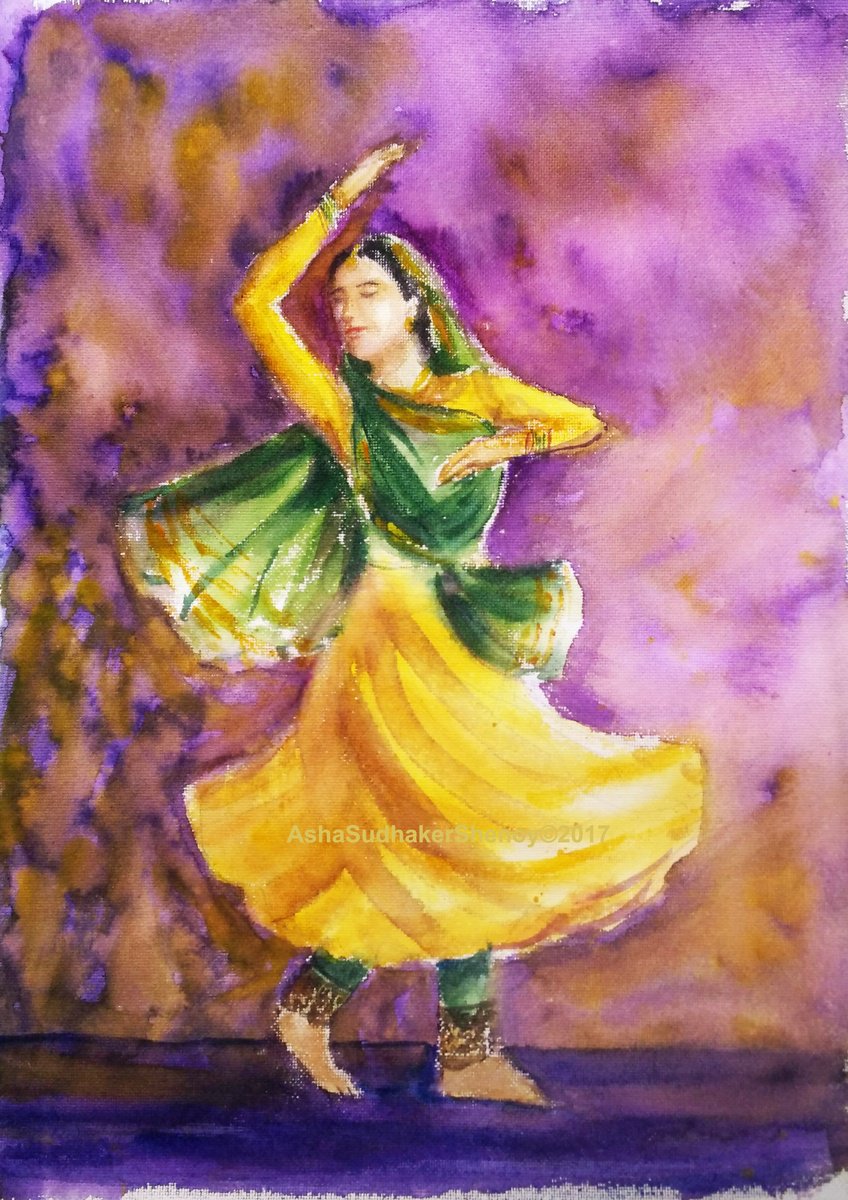 Indian Kathak Dancer painting Watercolor on paper 10.25x 14 by Asha Shenoy
