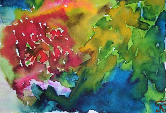 Blooming forest abstract landscape, original watercolor painting, Botanical garden