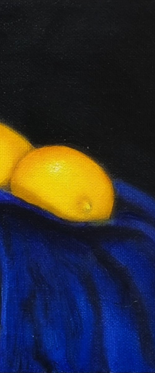 Lemons on Blue Cloth by Priyanka Singh