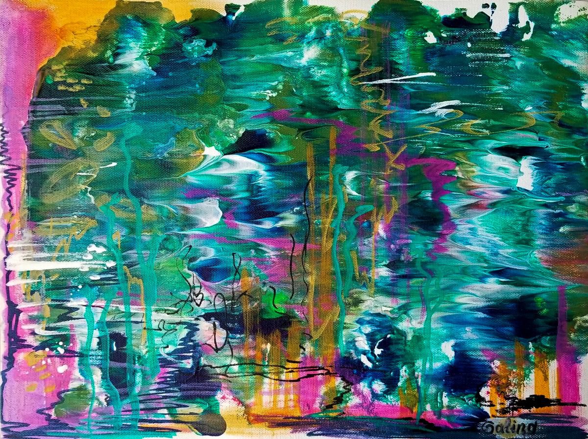 Surrealistic Abstract Acrylic Painting By Galina Victoria, 16 X 12, Pond At Dusk, Original Artwork