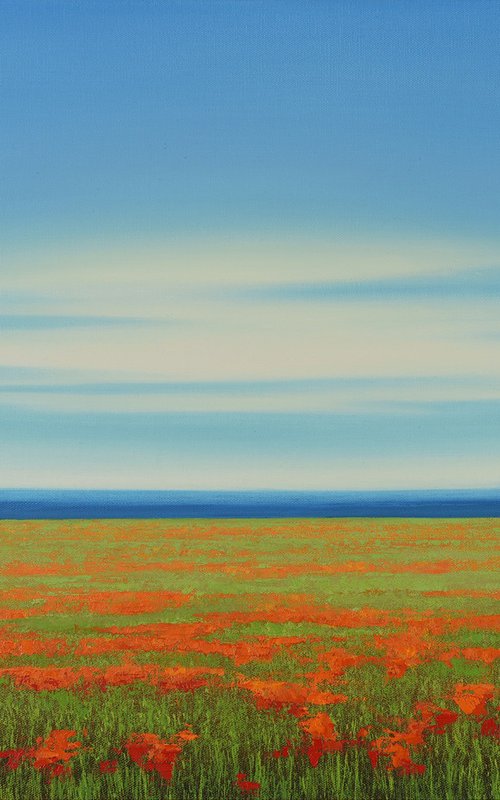 Lush Poppy Field - Blue Sky Flower Field Landscape by Suzanne Vaughan
