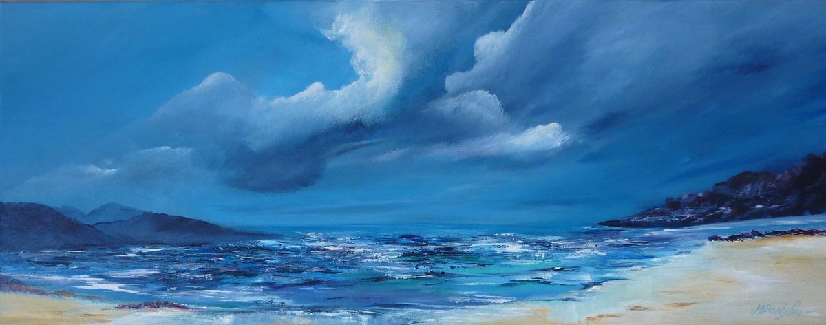 Impressionistic Landscape Acrylic Painting By Margaret Denholm, 30 X 12", Scottish Seascape, Original Artwork