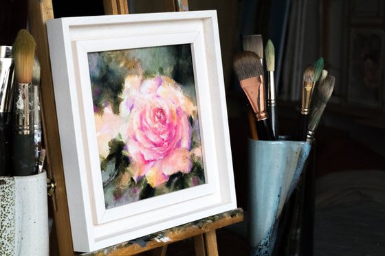 "Romantic rose" - small size FRAMED - mixed media on canvas