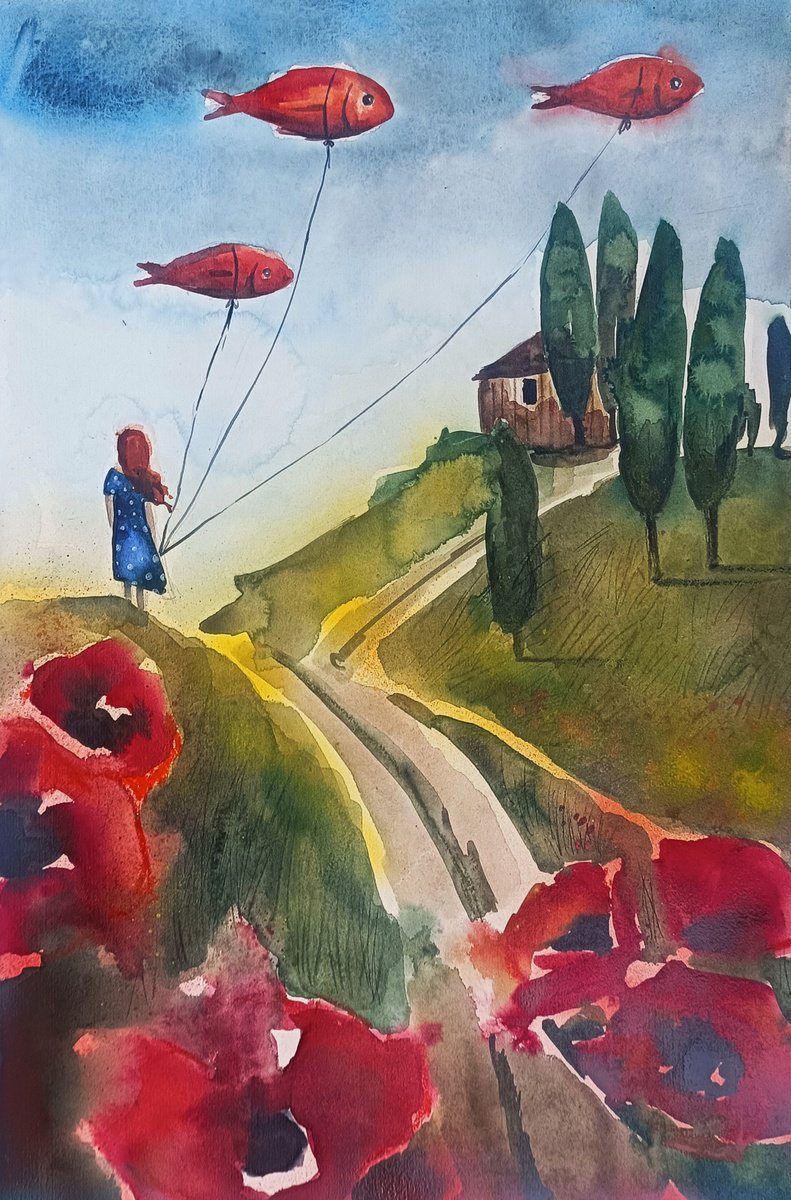Surrealistic Portrait Watercolour By Evgenia Smirnova, 15 X 22, Girl In Poppy Flower Field, Original Artwork
