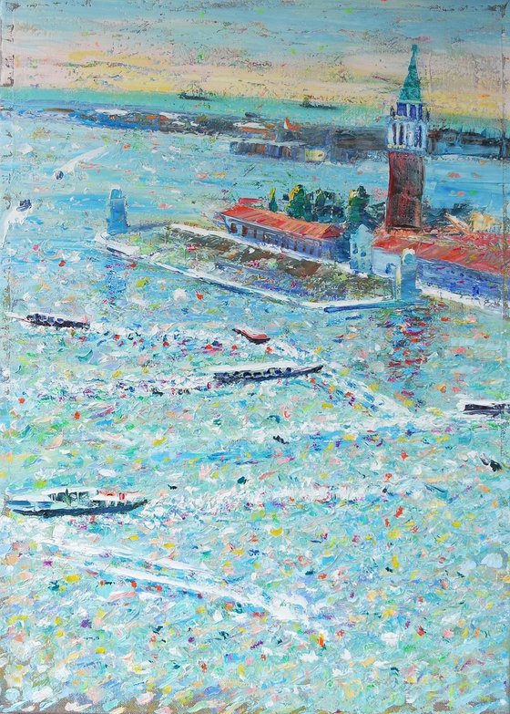 Venice City Oil Painting Original, Joyful Sunny Cityscape of Italian City in Impressionist Style, Sea and Sun Urban Painting, Port City Seascape