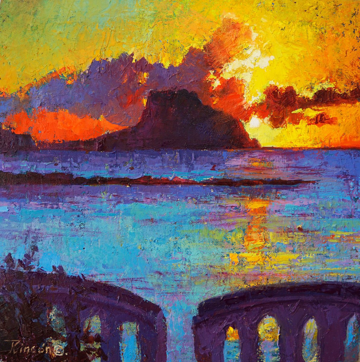 Impressionistic Landscape Oil Painting By Luis Rincon, 12 X 12", Sunrise, Original Artwork
