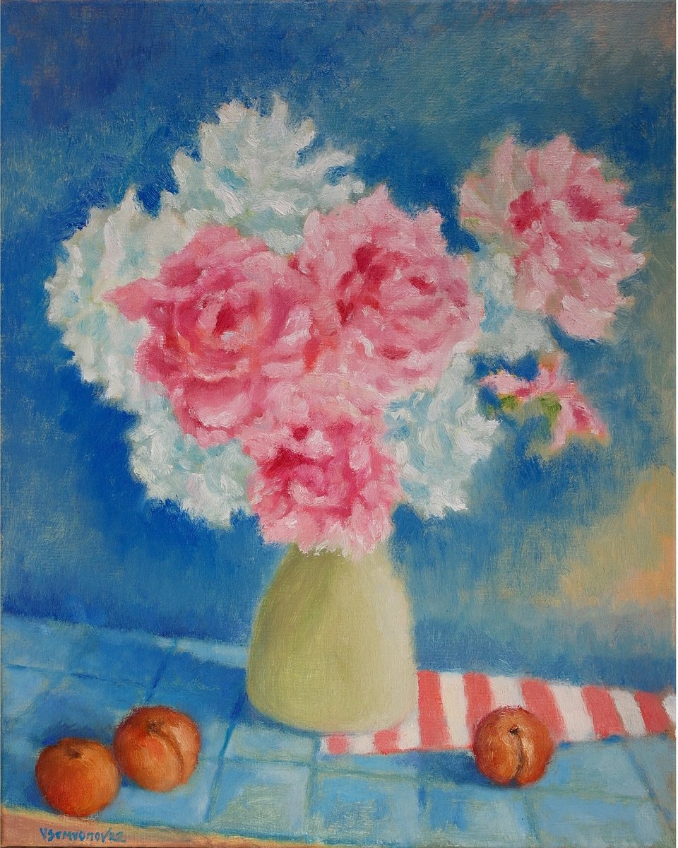 Impressionistic Botanical Oil Painting By Juri Semjonov, 16 X 20", Peonies In A Vase, Original Artwork