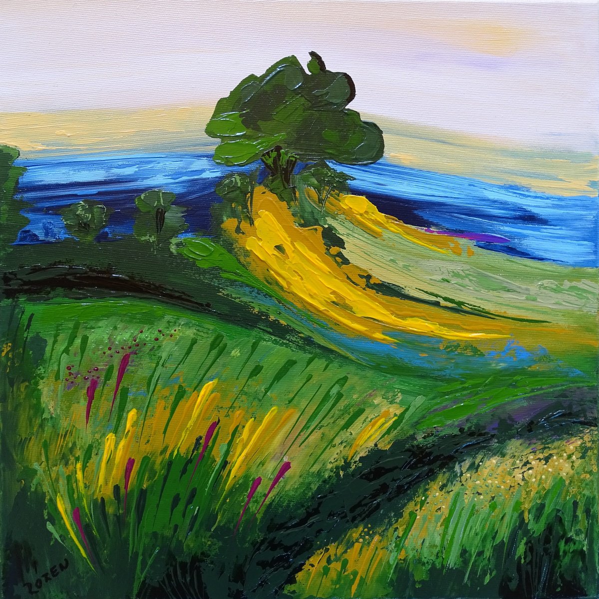 Impressionistic Landscape Acrylic Painting By Livien Rozen, 16 X 16", Green Tree, Original Artwork