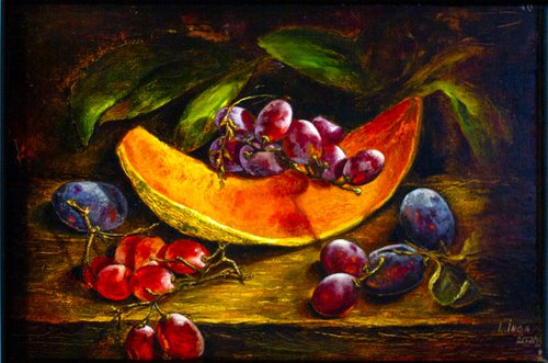 Grapes and plums with a slice of melon by Inga Loginova