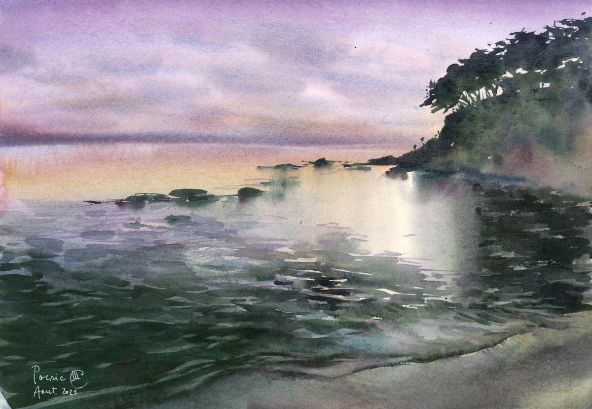 Impressionistic Landscape Watercolour By Tatyana Tokareva, 14 X 10", Ocean Calms Down, Original Artwork
