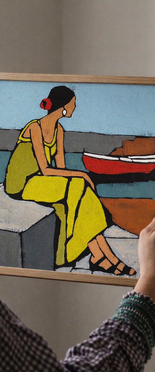 "Woman by the Water with Red Boat" 12x12in by Daria Baklykova