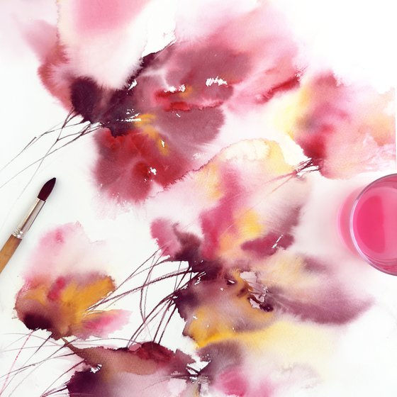 Abstract watercolor floral painting "Spring kiss"