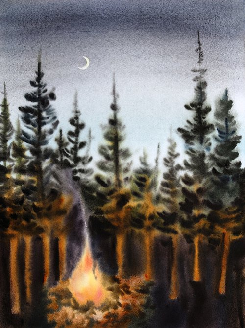 Campfire in the winter forest by Delnara El