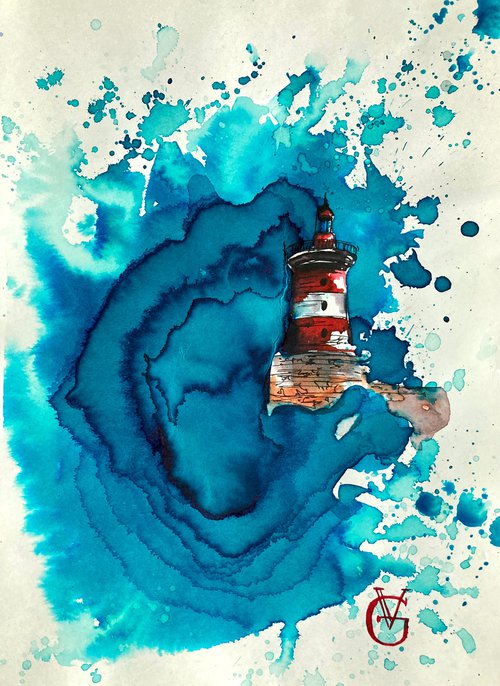 RED AND WHITE LIGHTHOUSE -  series "Red Sails" by Valeria Golovenkina