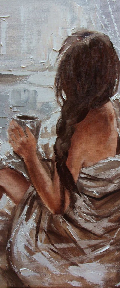 " TEA TIME ... " - 50x60cm original oil painting on canvas, gift, palette kniffe SPRING by Monika Luniak