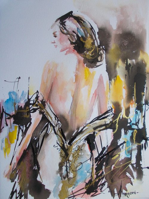 Study for Velvet Sun III-Woman Watercolor and Ink on Paper by Antigoni Tziora