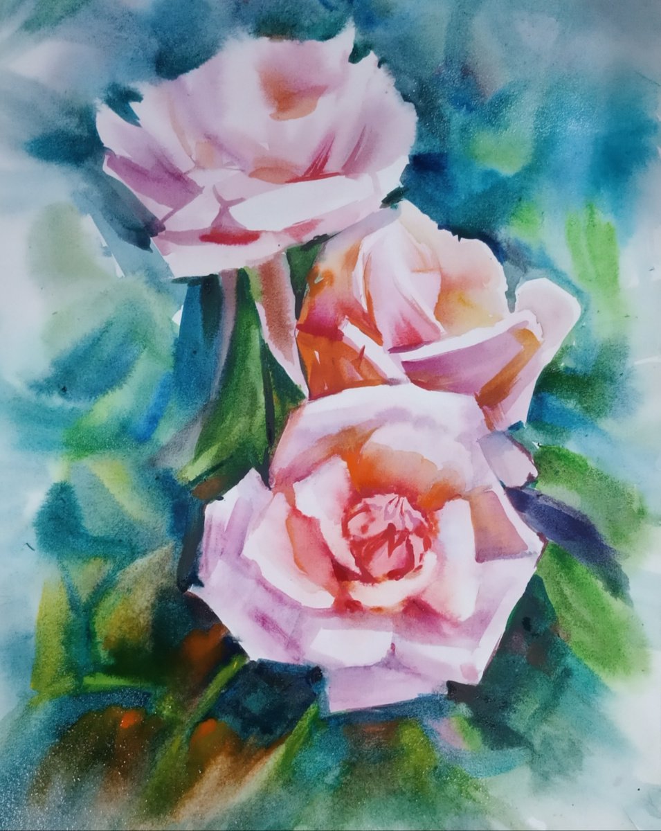 Impressionistic Botanical Watercolour By Valentina Kachina, 16 X 20", Roses, Original Artwork