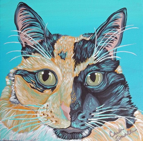 Calico Pet Cat Original Art Painting-8 x 8 Inches Deep Set Stretched Canvas-Carla Smale