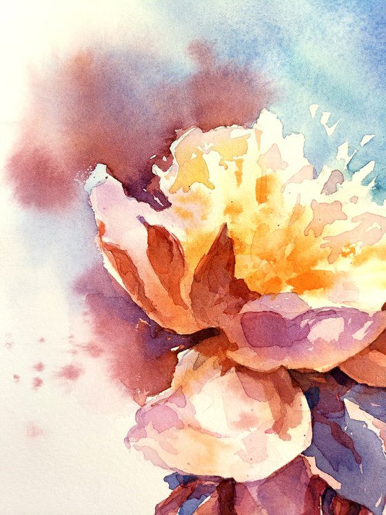 Original watercolor painting "Peony Blossom. Light-hearted flower"