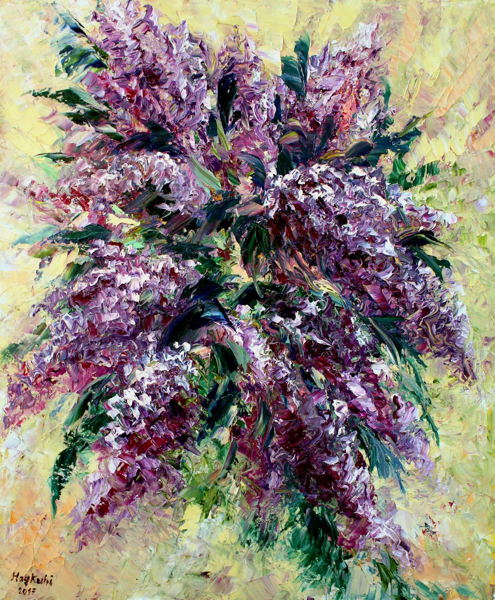 Impressionistic Botanical Oil Painting By Haykuhi Khachatryan, 20 X 24, Lilac Composition, Original Artwork