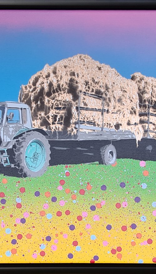 "Make Hay (Yellow)" - Contemporary vibrant bales meadow landscape splatters of spray paint Urban Graffiti Pop Art style artwork with Tractors in a meadow. by Johnman